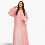 Muhajeerah Blush Rose Serenity Abaya – elegant soft pink abaya for UAE women