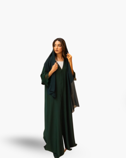 Muhajeerah Emerald Lace Majesty Abaya – luxury green abaya with elegant lace for UAE women
